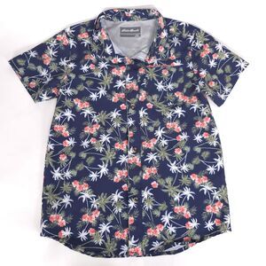 EDDIE‎ BAUER Boys Hawaiian Shirt 8 Blue Floral Palm Short Sleeve Button Up